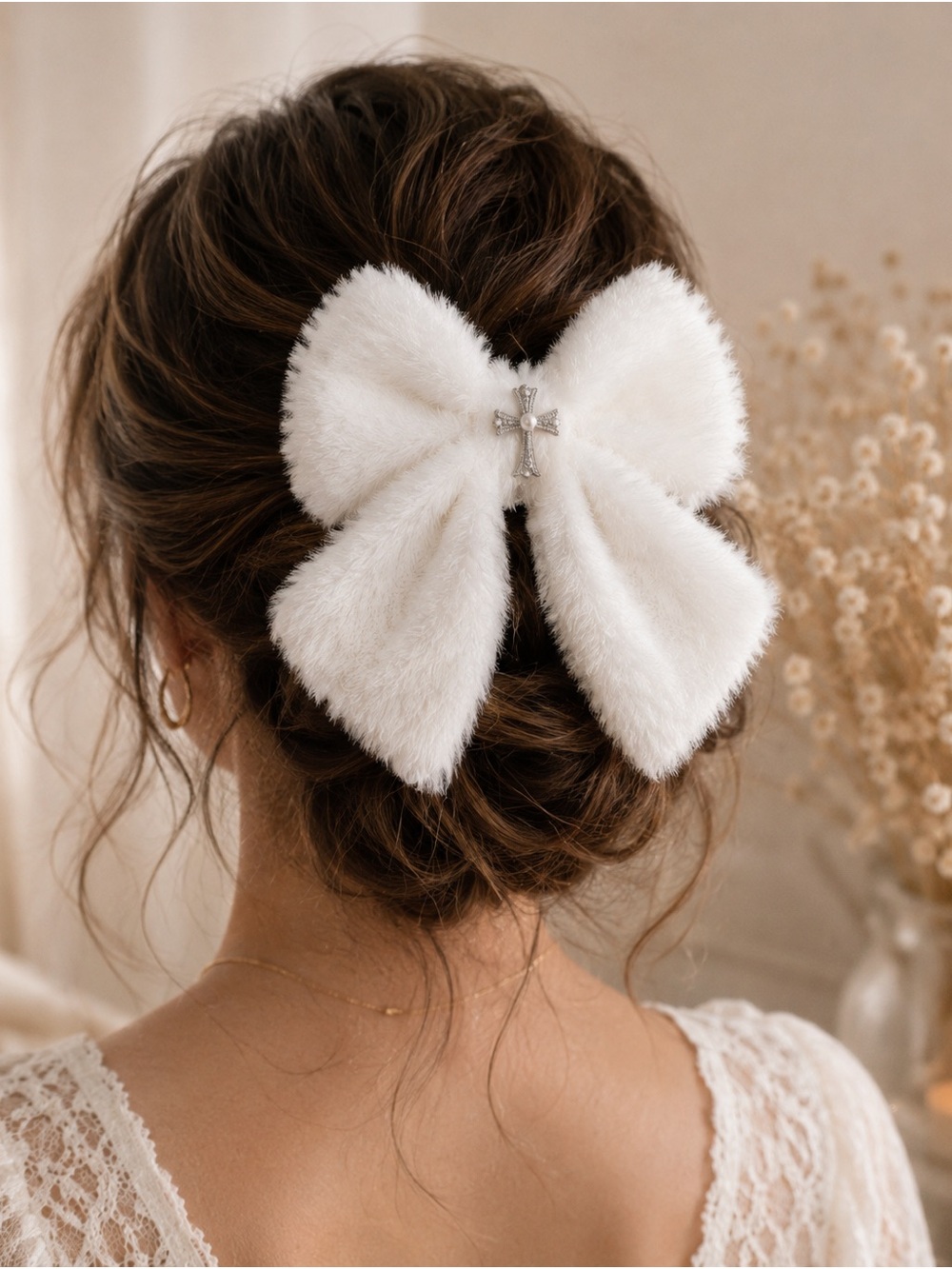 White Faux Fur Bow Hair Clip with Crystal Cross Accent